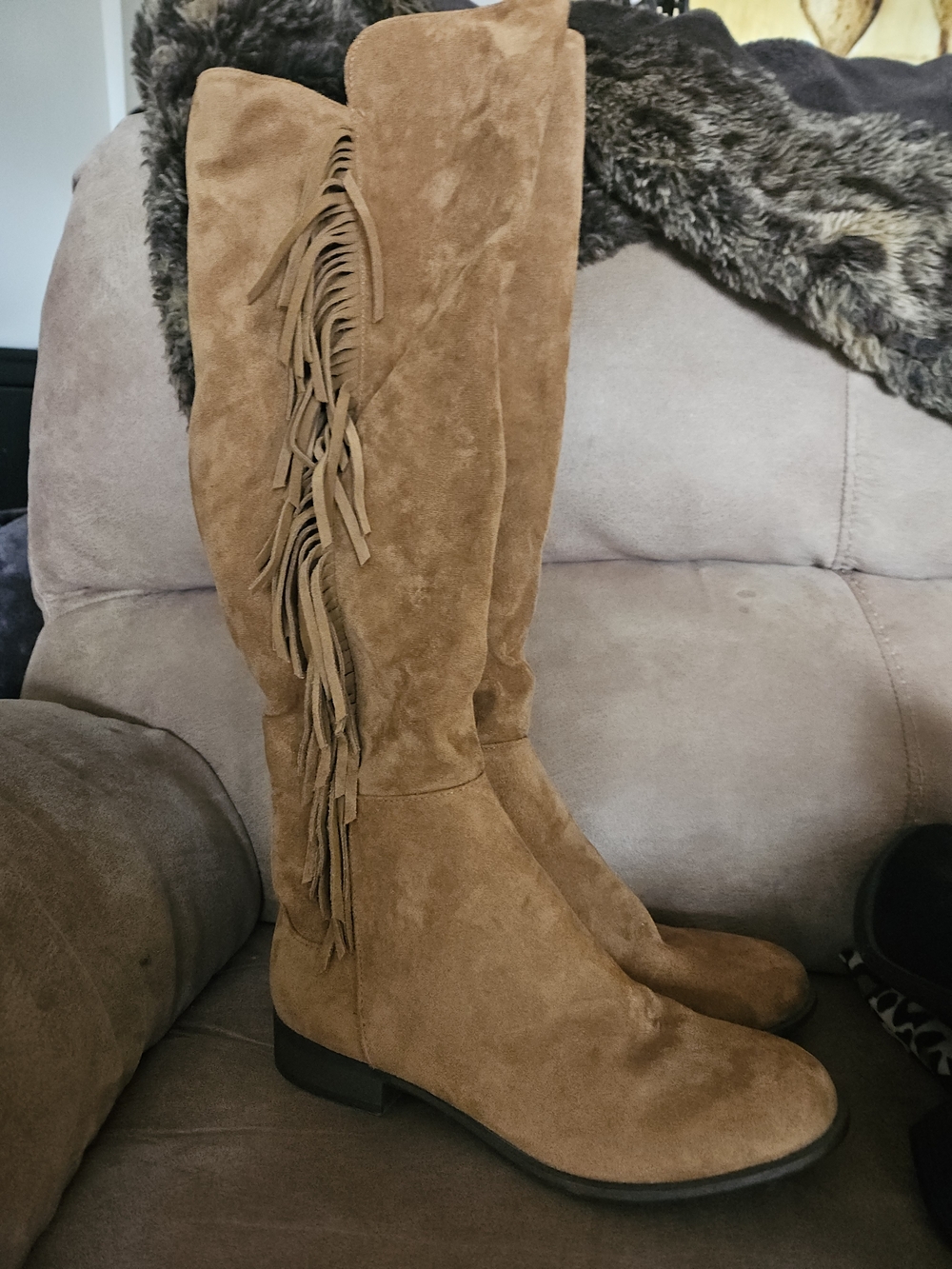 NEVER WORN Tan Suede Over-the-Knee Fringe Boots
